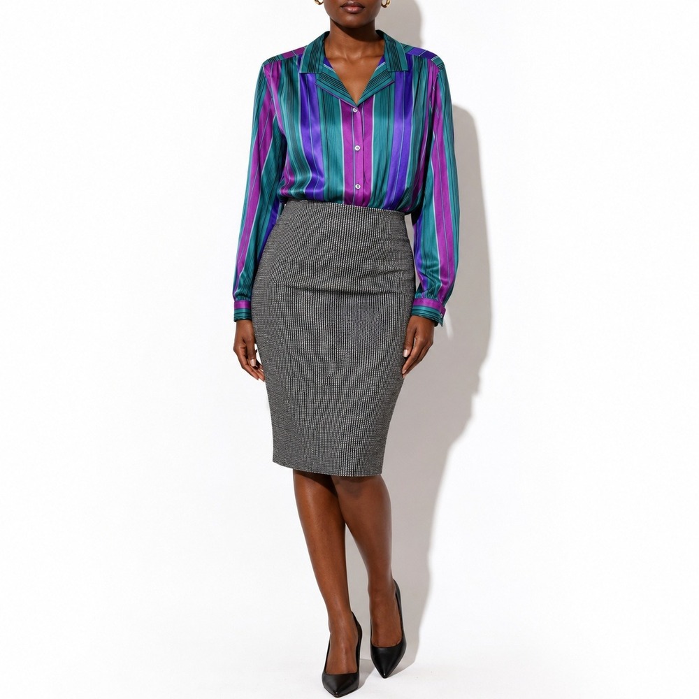 70s Vintage Barcode Striped Secretary Blouse Womens L Purple Teal Button Up Top